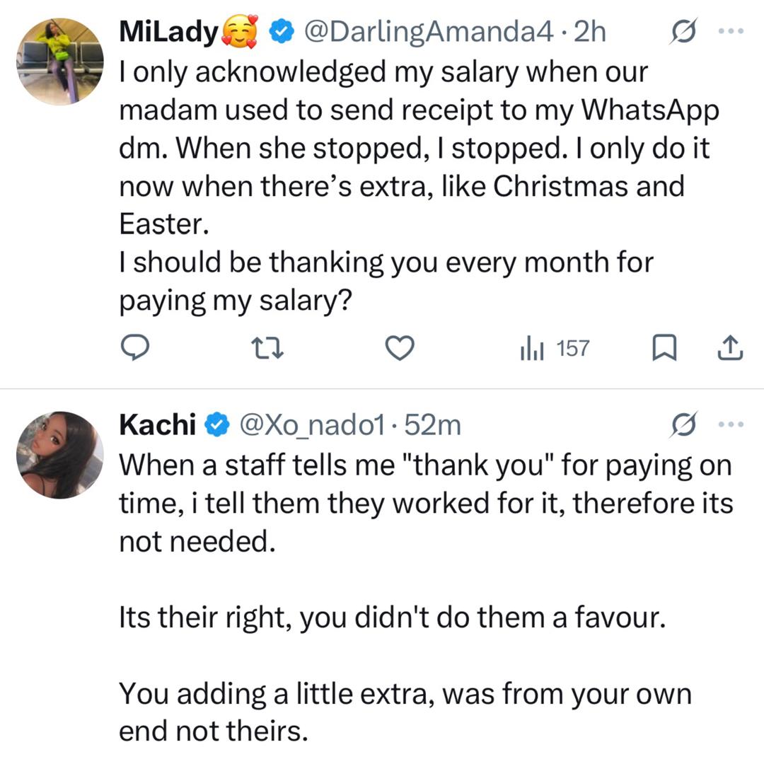 Opinions differ after Nigerian lady expressed dissatisfaction at her staff who failed to thank her after paying their salaries a little late